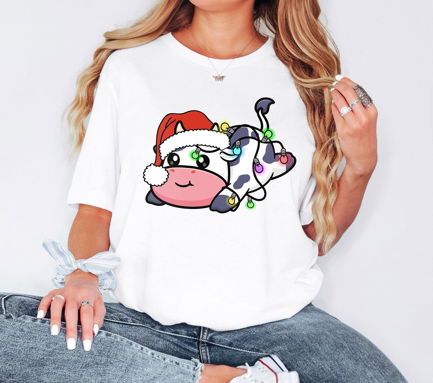 Cute Christmas Cow Tshirt, Christmas Shirt, Merry Cow Shirt, Christmas Gifts, New Year Shirt, Christmas Gift, Christmas Light Shirt