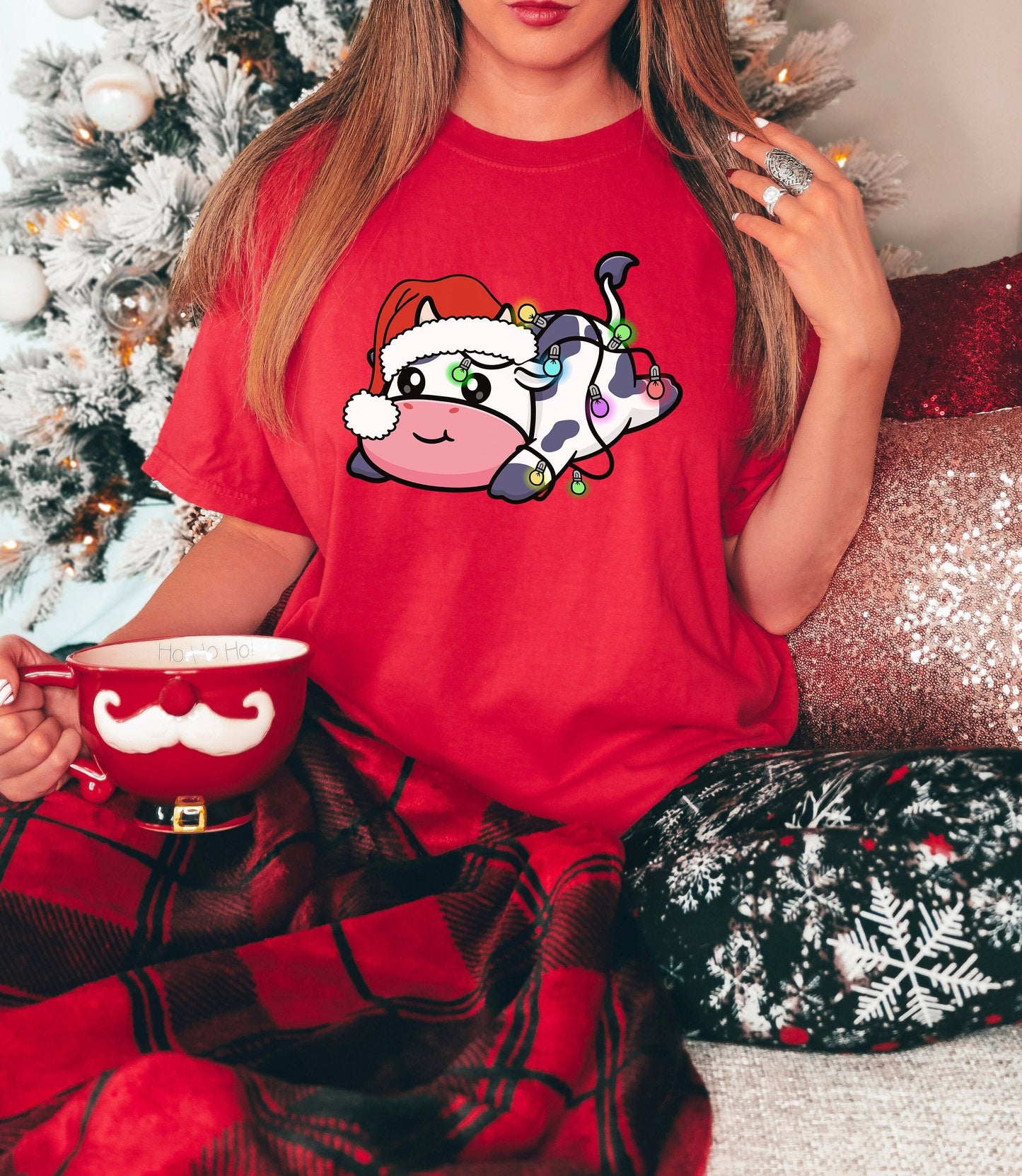 Cute Christmas Cow Tshirt, Christmas Shirt, Merry Cow Shirt, Christmas Gifts, New Year Shirt, Christmas Gift, Christmas Light Shirt
