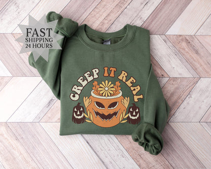 Creep It Real Sweatshirt, Pumpkin Sweatshirt, Halloween Gift, Scary Pumpkin Hoodie, Halloween Sweatshirt, Skeleton Hoodie, Gift for Him