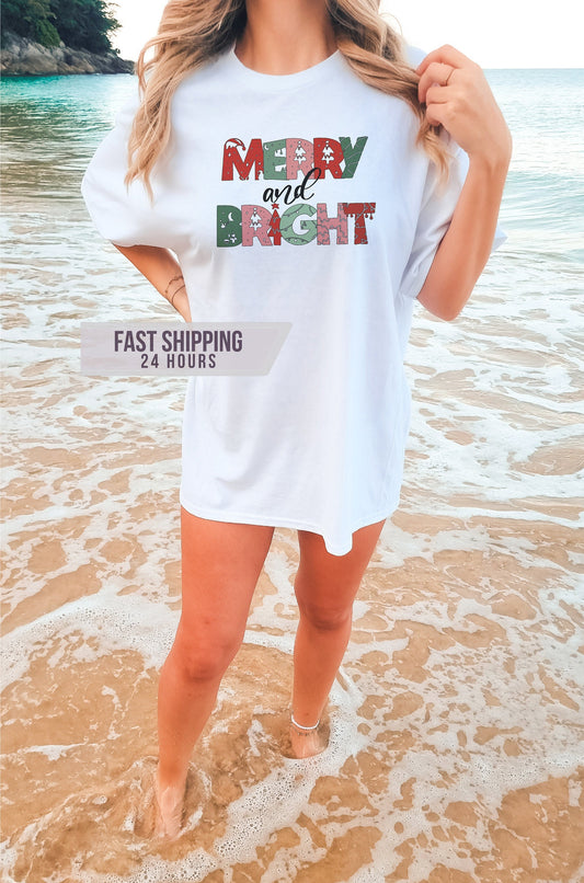 Merry and Bright Tshirt, Christmas Shirt, Santa Shirt,  Christmas Shirt, Christmas Gifts, Santa Shirt,  Shirt, Gift for Her