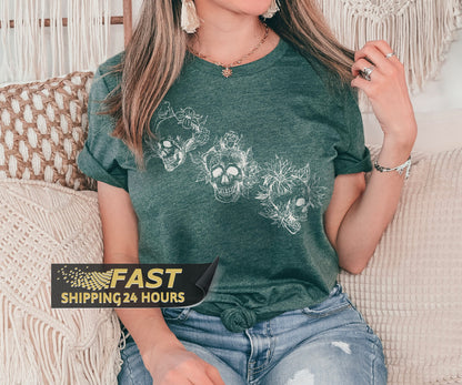 Floral Skull Tshirt, Dark Academia Shirt, Bloom Skull Shirt, Halloween Shirt, Skull Shirt, Flower Shirt,Skull T shirt, Halloween Gifts