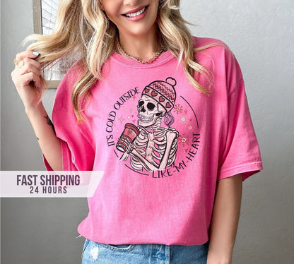 It's Cold Outside Like My Heart Tshirt,Skeleton Shirt,Halloween Shirt, Skull Shirt, Halloween Gifts, Gift for Women,Romantic Halloween Shirt