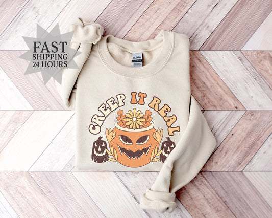 Creep It Real Sweatshirt, Pumpkin Sweatshirt, Halloween Gift, Scary Pumpkin Hoodie, Halloween Sweatshirt, Skeleton Hoodie, Gift for Him