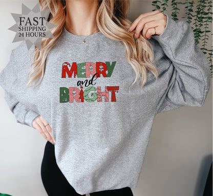 Merry and Bright Sweatshirt, Christmas Sweatshirt, Santa Sweatshirt,  Christmas Sweatshirt, Christmas Gifts,  Santa Sweatshirt