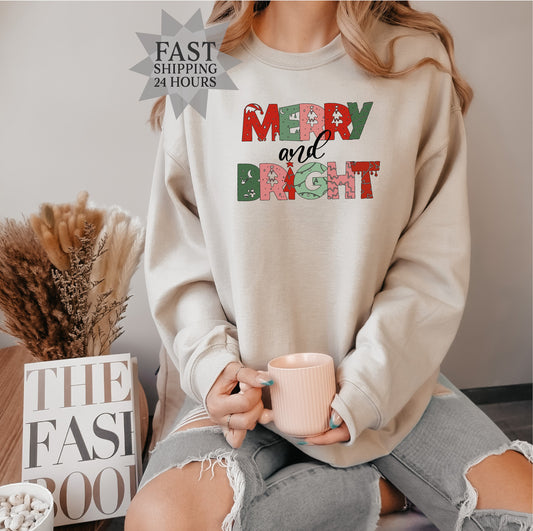 Merry and Bright Sweatshirt, Christmas Sweatshirt, Santa Sweatshirt,  Christmas Sweatshirt, Christmas Gifts,  Santa Sweatshirt