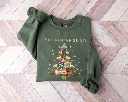 Rockin Around Sweatshirt,Book Lover Gift,Christmas Gifts,Reading Sweatshirt,Book Lover Sweatshirt,Christmas Sweatshirt,Christmas Tree Hoodie