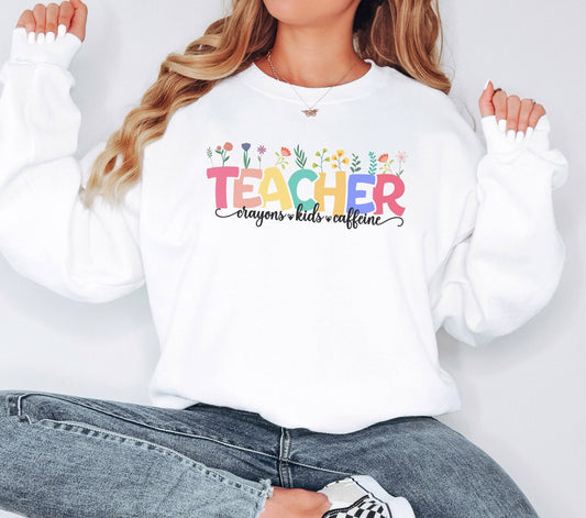 Flower Teacher Sweatshirt, Teacher Gifts, Teacher Hoodie, Flower Sweatshirt, Coffee Lover Gift, Teacher Sweatshirt, Teachers Day Gift