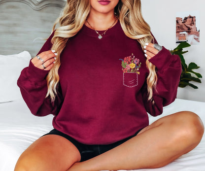 Pocket Flower Sweatshirt, Flower Sweatshirt, Gift for Women, Flower Girl Gift, Mothers Day Gift, Flower Hoodie, Girlfriend Gift, Mom Gifts
