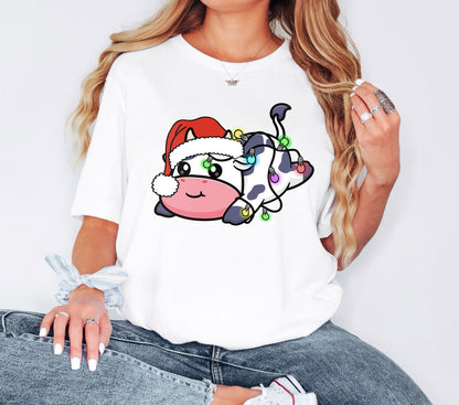 Cute Christmas Cow Tshirt, Christmas Shirt, Merry Cow Shirt, Christmas Gifts, New Year Shirt, Christmas Gift, Christmas Light Shirt