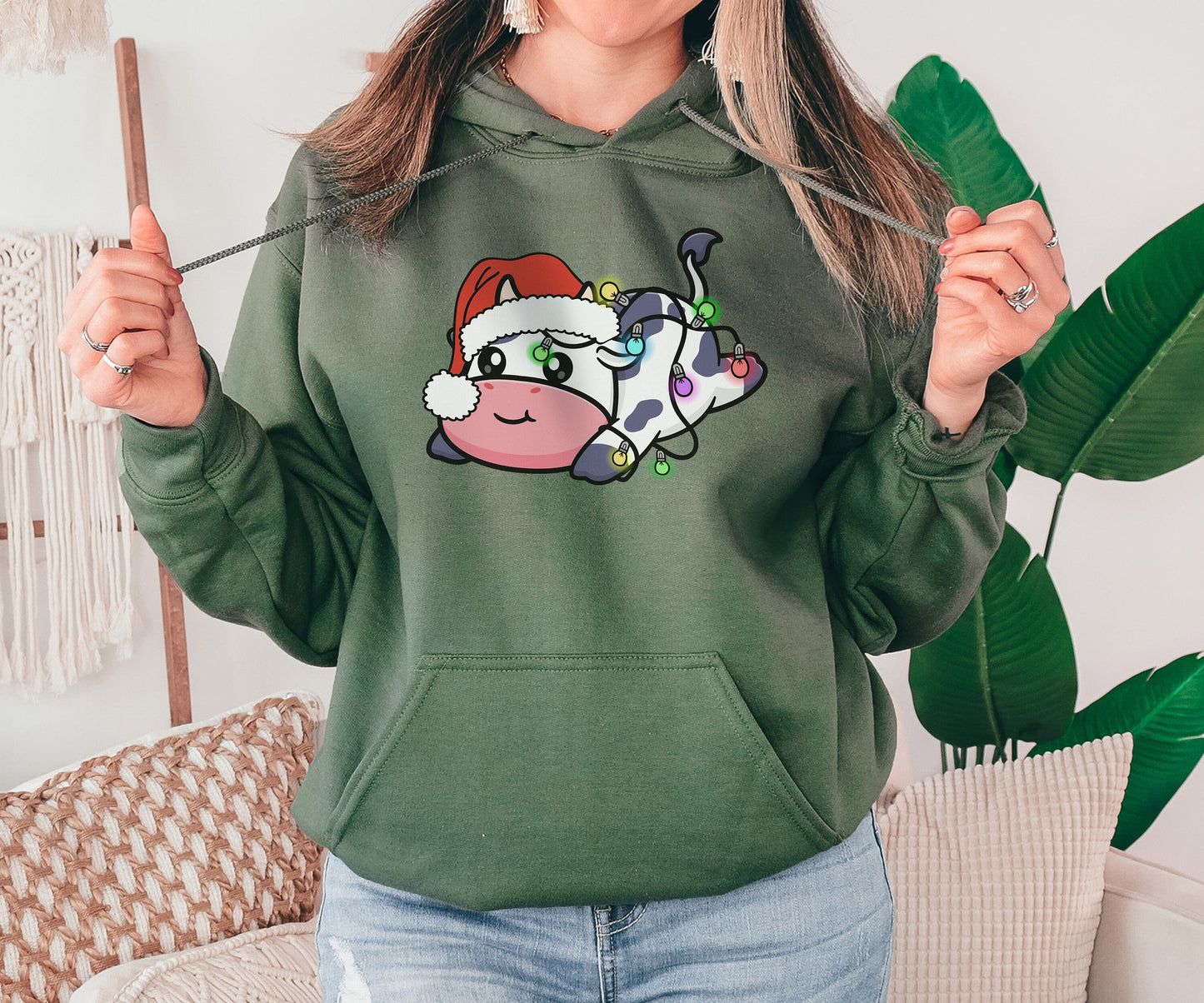 Cute Christmas Cow Sweatshirt,Cow Lover Hoodie,Christmas Sweatshirt,Merry  Sweatshirt,New Year Hoodie,Christmas Gift,Christmas Light Hoodie