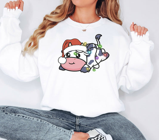 Cute Christmas Cow Sweatshirt,Cow Lover Hoodie,Christmas Sweatshirt,Merry  Sweatshirt,New Year Hoodie,Christmas Gift,Christmas Light Hoodie