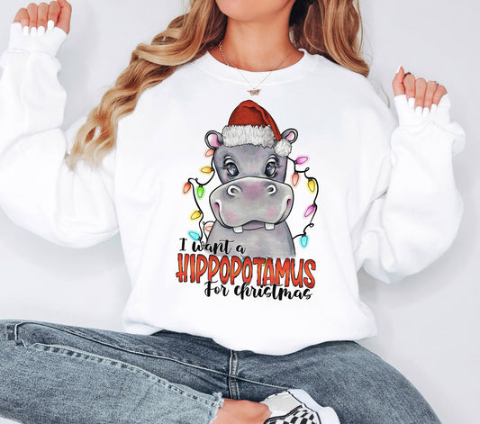 I Want a Hippopotamus Sweatshirt, Christmas Sweatshirt, Christmas Hippo Hoodie, Christmas Gifts, Hippo Sweatshirt, Happy Christmas Hoodie