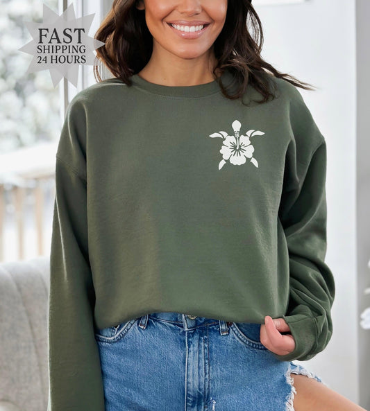 Hawaiian Turtle Sweatshirt, Turtle Sweatshirt, Hawaiian Sweatshirt, Summer Hoodie, Flower Sweatshirt, Flower Hoodie, Summer Gifts