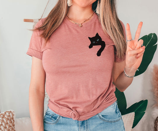 Pocket Black Cat Shirt, Animal Shirt, Birthday Gift, Gift for Kids, Gift for Her, Cat Mom Gift, Funny Animal Shirt, Pet Lover T-Shirt