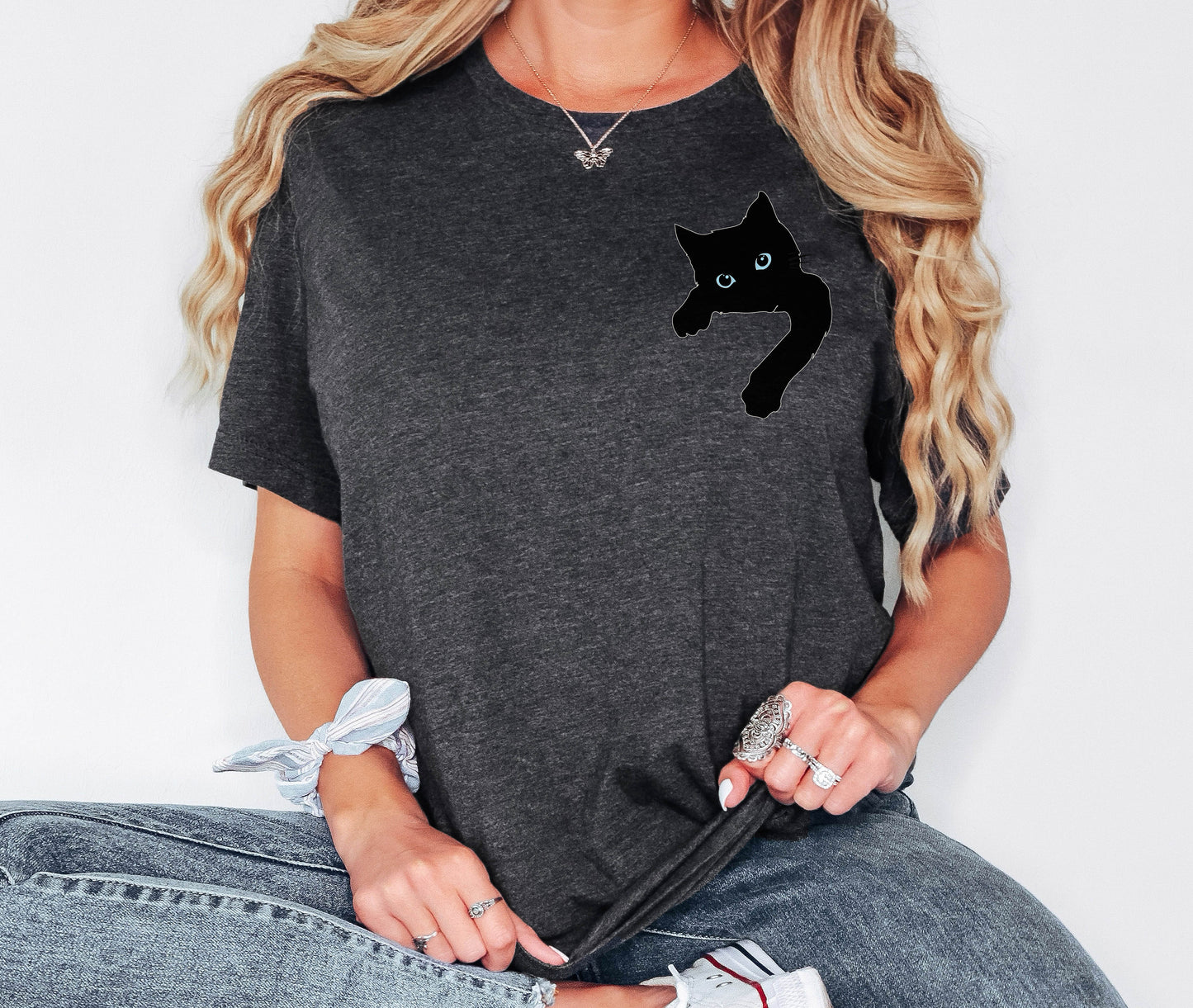 Pocket Black Cat Shirt, Animal Shirt, Birthday Gift, Gift for Kids, Gift for Her, Cat Mom Gift, Funny Animal Shirt, Pet Lover T-Shirt